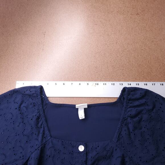 A New Day Eyelet Blouse Top Sz S Navy Button Down Short Sleeve Cottage Coquette - Picture 6 of 8